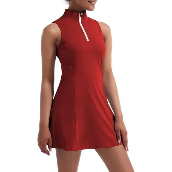Women Red Tennis Golf Dresses with Built in Shorts and Pockets for  Sleeveless